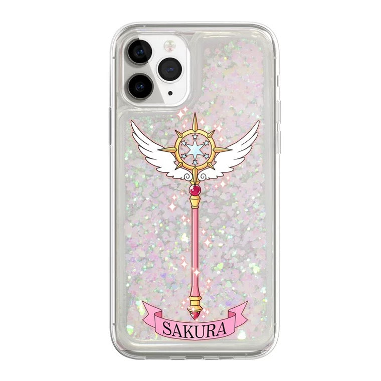 Japanese Cartoon CardCaptorSakura Magic Wand with Wings - Silver Pink Heart Glitter QuickSand iPhone Case 6 7 8 PLUS SE2 XS XR X 11 12 13 14 15 16 Pro Promax 12mini 13mini KawaiiGiftLand