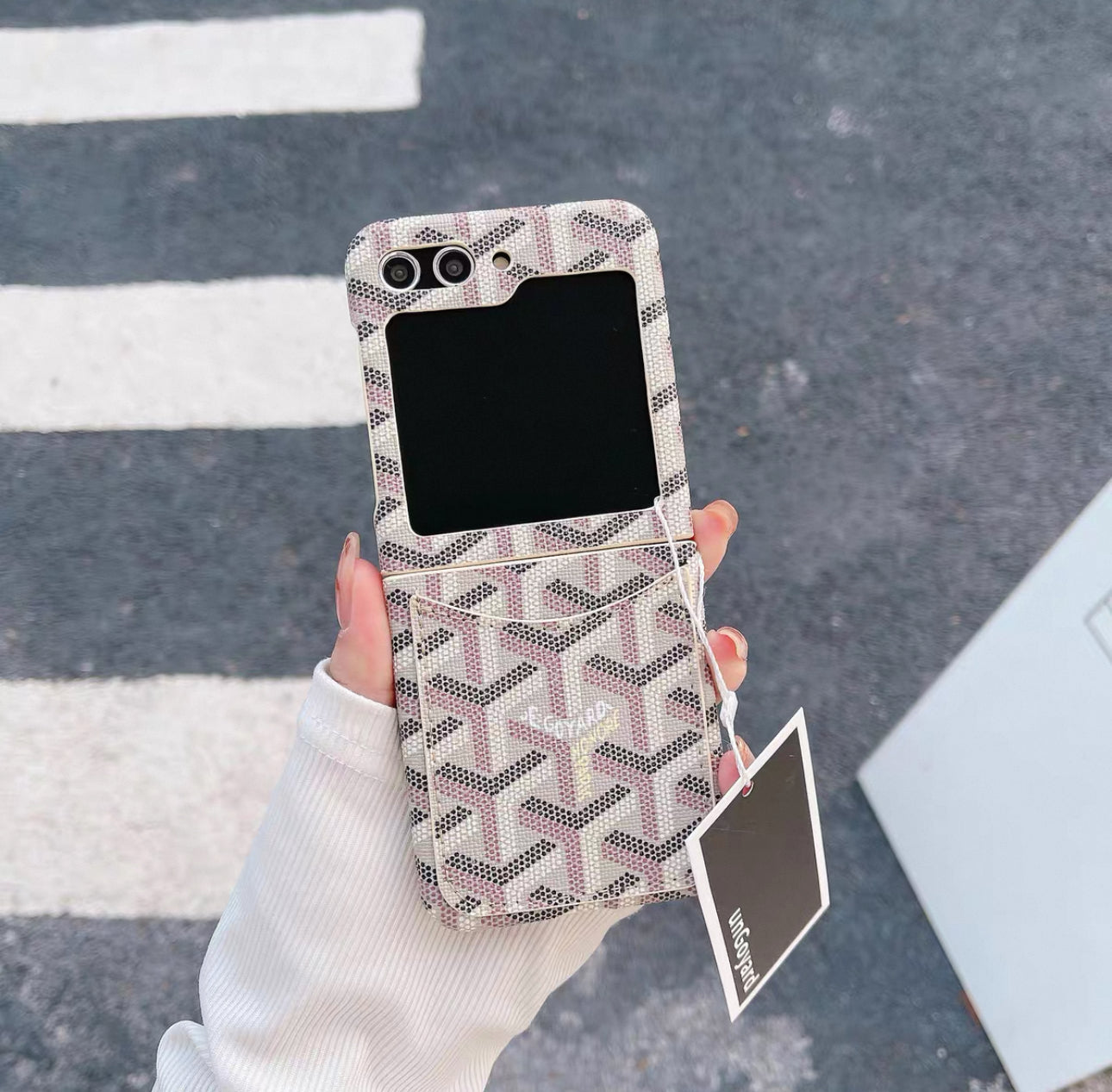 Korea Fashion Vintage Style with Card Holder | Pink Yellow White Blue Green Black Wine Red Beige Sky Blue - Phone Case Samsung Galaxy Z Flip 3 4 5 6 7 KawaiiGiftLand