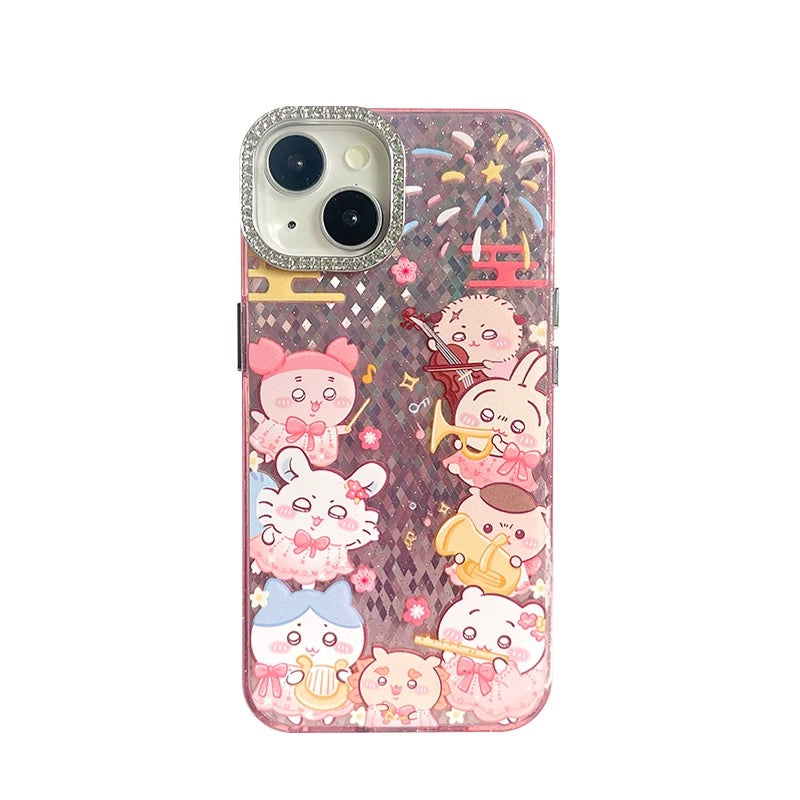 Japanese Cartoon ChiiKawa | Music Party with Firework Chiikawa Hachiware Usagi Momonga Kurimanju Rakko Shisa Crab Clear Laser - iPhone Case 11 12 13 14 15 16 Pro Promax KawaiiGiftLand