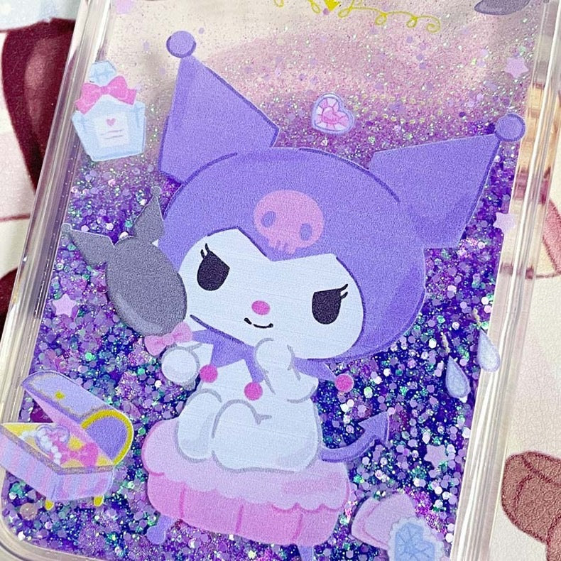 Japanese Cartoon Kuromi Make Up - Purple Glitter QuickSand iPhone Case 6 7 8 PLUS SE2 XS XR X 11 12 13 14 15 16 Pro Promax 12mini 13mini KawaiiGiftLand