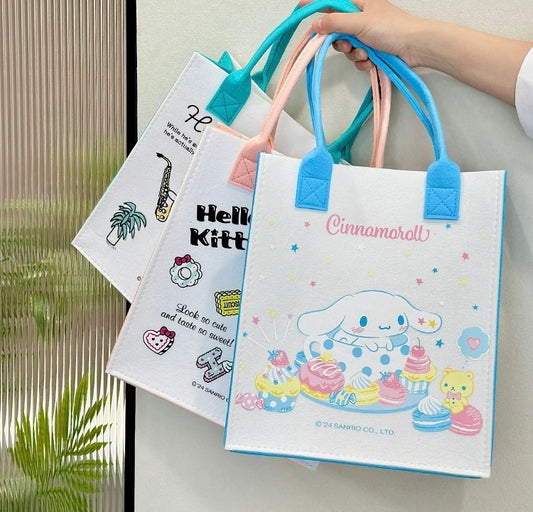 Japanese Cartoon Sanrio with Friends Light Felt Hand Bag | Hello Kitty Kuromi Cinnamoroll Pompompurin Hangyodon - Kawaii Daily