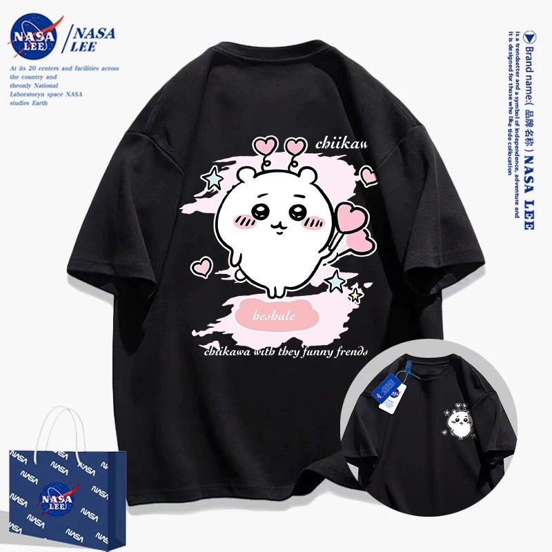 Japanese Cartoon ChiiKawa Casual Style T-Shirt Series | Chiikawa Heart Cheer Up Front & Back - Kawaii Fashion Items