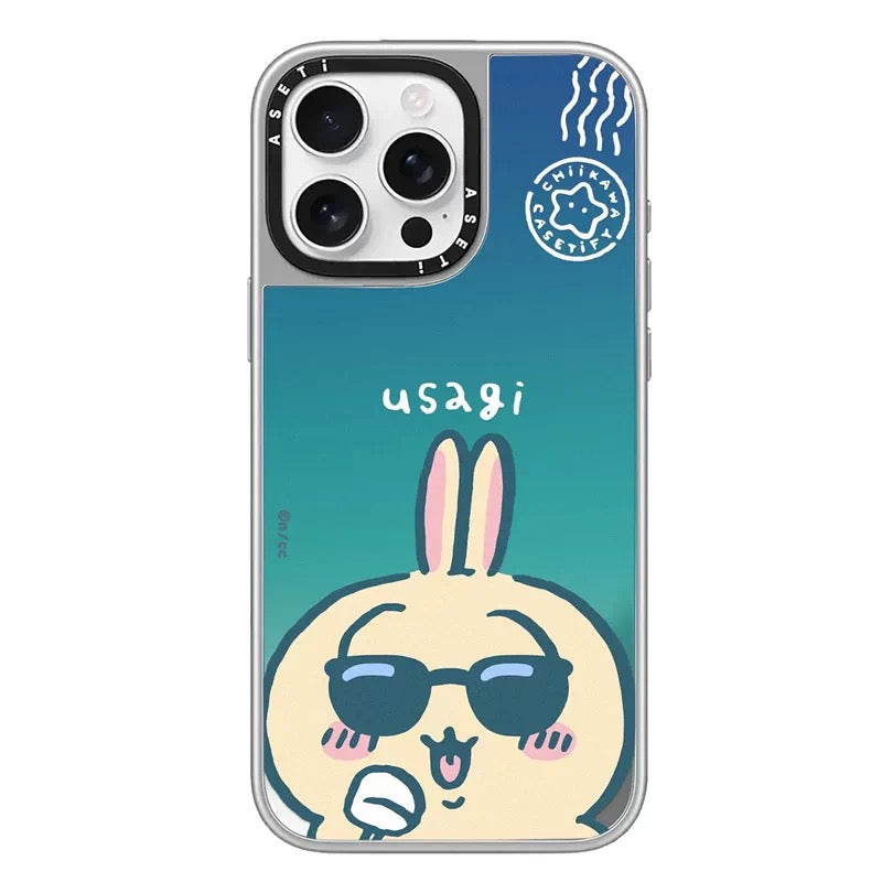 Japanese Cartoon ChiiKawa Clear with Mirror Silver Frame Phone Case | ChiiKawa Hachiware Usagi Aeroplane Window Wear Sunglass and Eating Ice Cream Blue - iPhone Case 12 13 14 15 16 17 Pro Promax