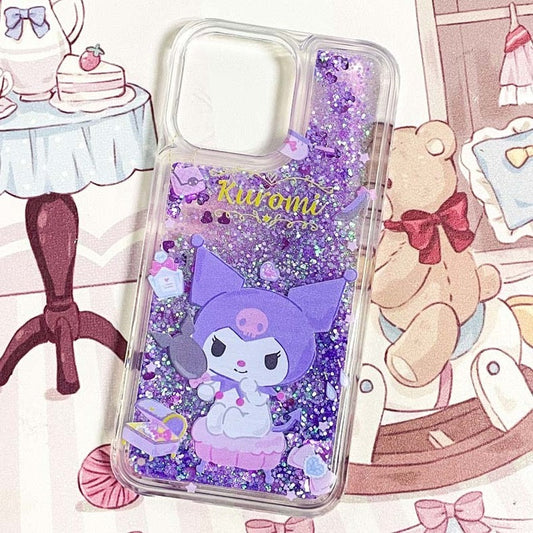 Japanese Cartoon Kuromi Make Up - Purple Glitter QuickSand iPhone Case 6 7 8 PLUS SE2 XS XR X 11 12 13 14 15 16 Pro Promax 12mini 13mini KawaiiGiftLand