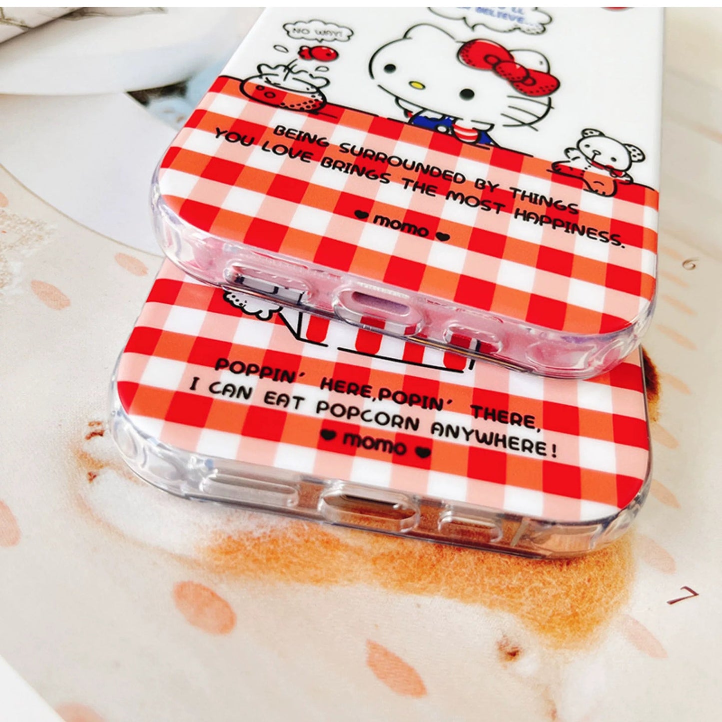 Japanese Cartoon Sanrio Hello Kitty | White Goldfish & Red Popcorn - iPhone Case 13 14 15 Pro Promax KawaiiGiftLand