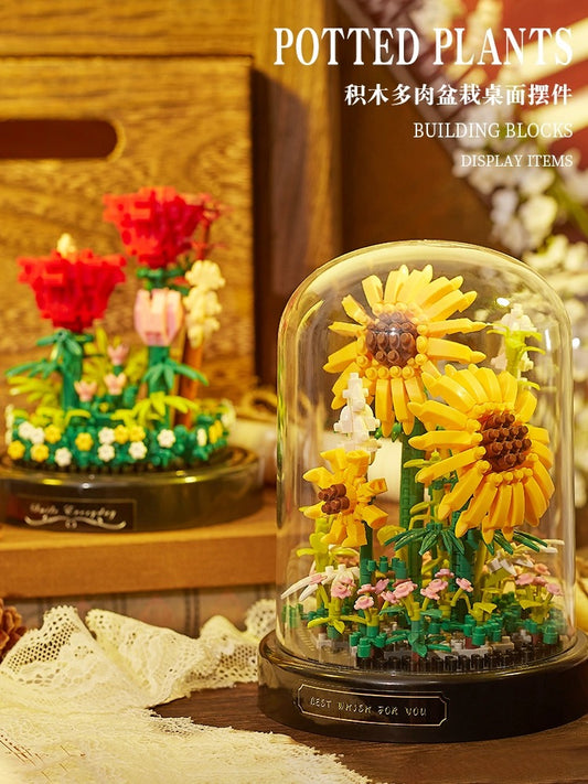 Mini Block Building Block Flower Diaries with Cover | Rose Daisy Cactus Sunflower Jasmine - with LED Lights Valentine Gift DIY Handmade Gift