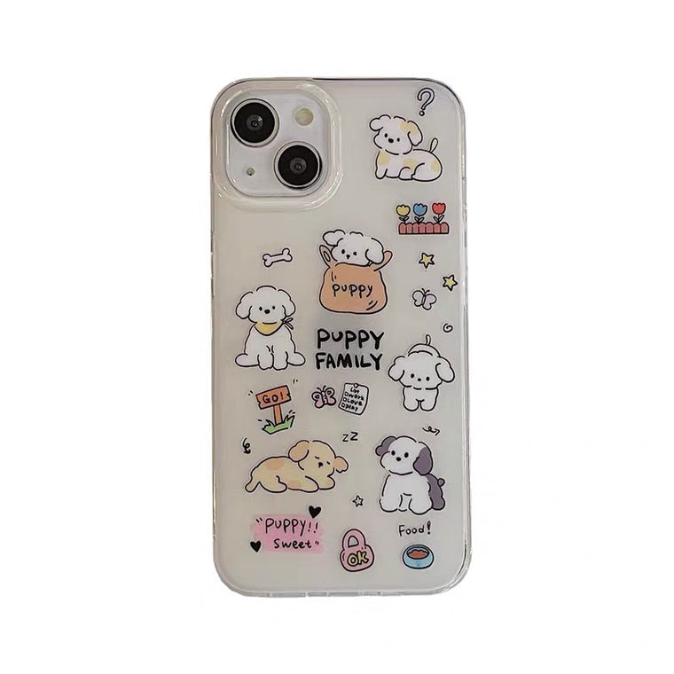 Happy Puppy Family with Gem Stone Sticker iPhone Case 11 12 13 14 Pro Promax KawaiiGiftLand