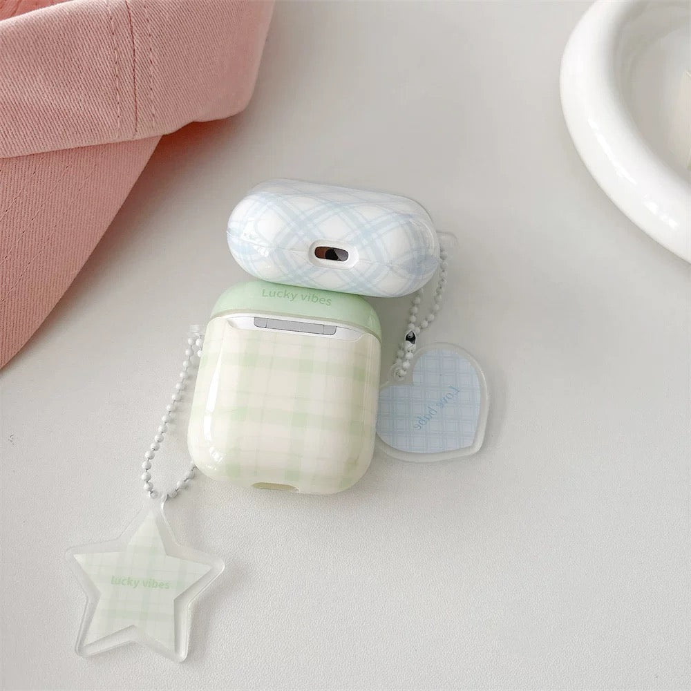 Korea Style Pastel Colour | Checkered Pattern Pink Blue Green with Keychain Heart Star Butterfly - AirPods AirPodsPro AirPods3 AirPods4 Case KawaiiGiftLand