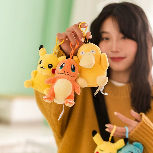 Japan Cartoon Pokemon Keychain | Pikachu Bulbasaur Charmander Squirtle Eevee Jigglypuff Psyduck Snoriax Mew PokeBall - Mascot Plush Doll Kawaii Decoration