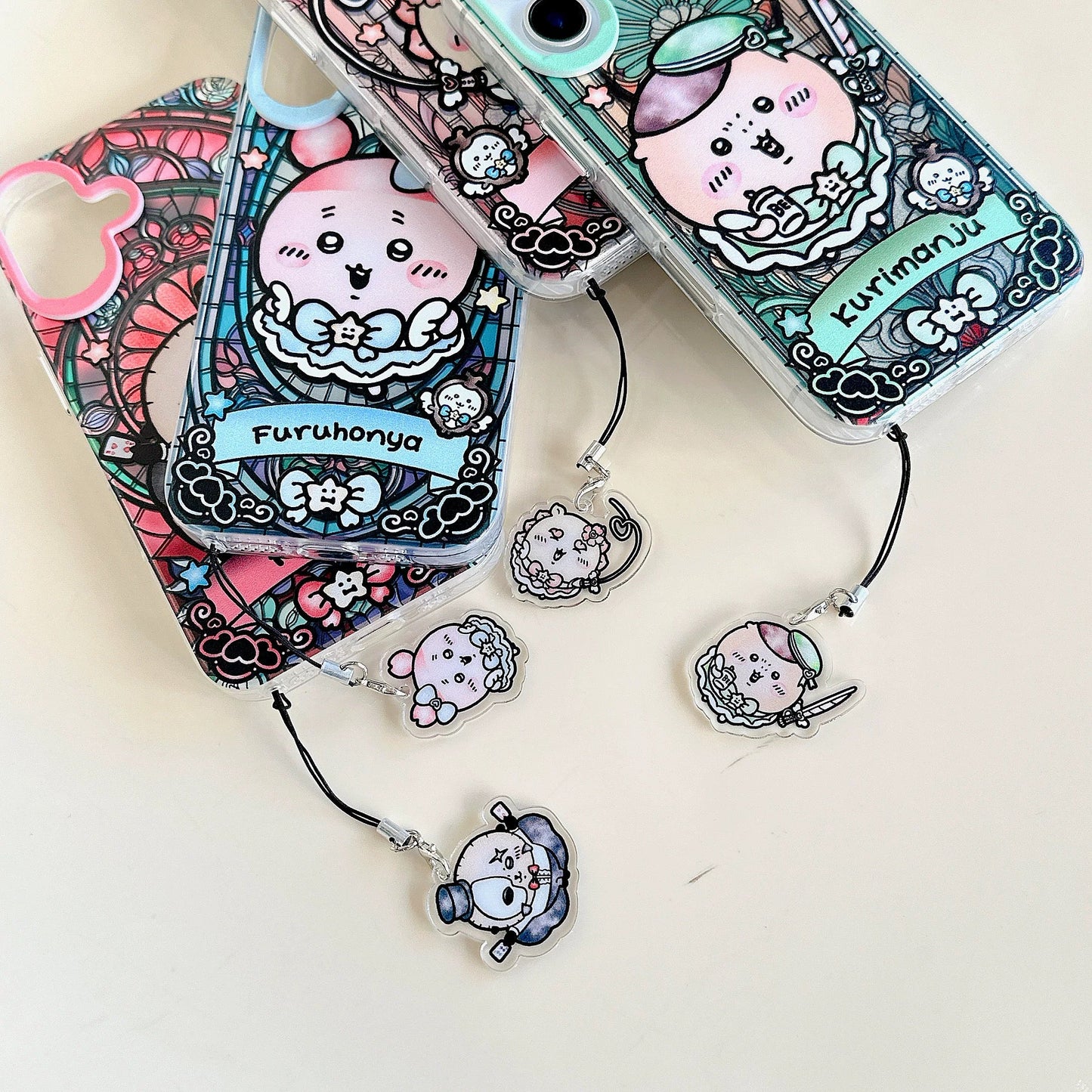 Japanese Cartoon iPhone Case with Strap | Laser Magical Girl with Glass Window Kurimanju Rakko Shisa Furuhonya Magic - iPhone Case 7 8 PLUS SE2 XS XR X 11 12 13 14 15 Pro Promax 12mini 13mini KawaiiGiftLand