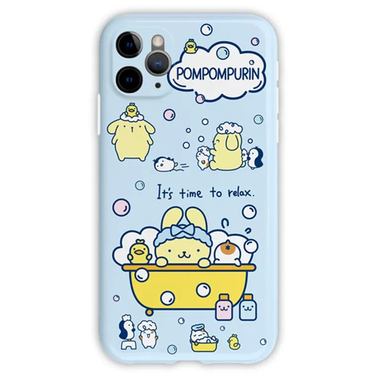 Japanese Cartoon Pompompurin Bathing Matt Blue iPhone Case 12 13 14 15 Pro Promax KawaiiGiftLand