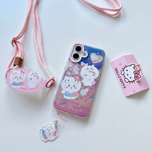 Japanese Cartoon ChiiKawa Phone Back Clip with Phone Lanyard | Kitty Chiikawa Cinnamoroll Hachiware Pompompurin Usagi Kuromi Momonga Melody Crab - for All Smart Phones