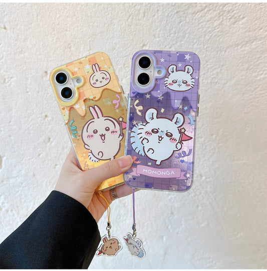 Japanese Cartoon ChiiKawa Phone Case with Strap | Laser Happy Party Chiikawa Hachiware Usagi Momonga - Phone Case Samsung Galaxy S25 S24 S23 S22 S21 FE Ultra Edge