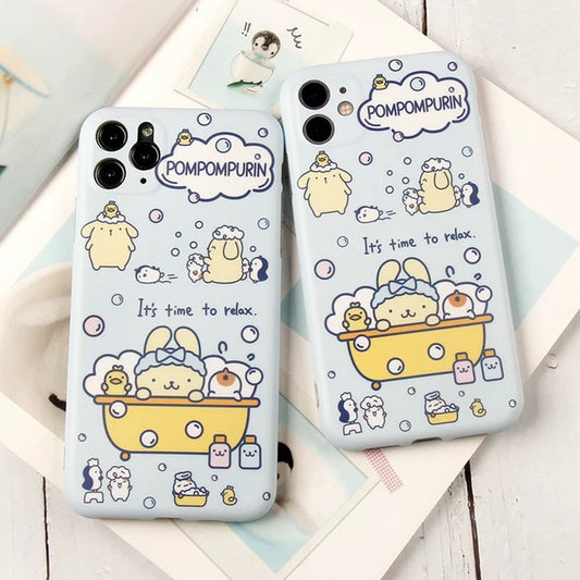 Japanese Cartoon Pompompurin Bathing Matt Blue iPhone Case 12 13 14 15 Pro Promax KawaiiGiftLand