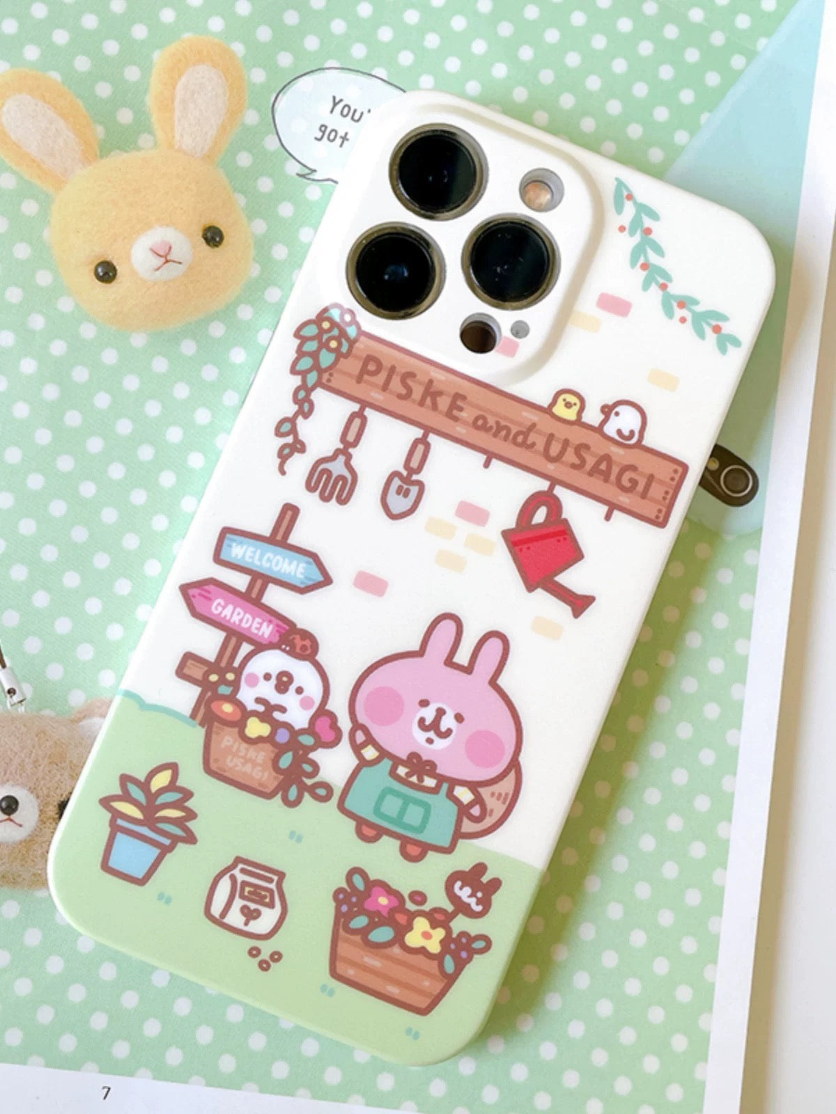 Japanese Cartoon Kanahei | In Garden House Pink Rabbit and White Chicken - iPhone Case 13 14 15 Pro Promax KawaiiGiftLand