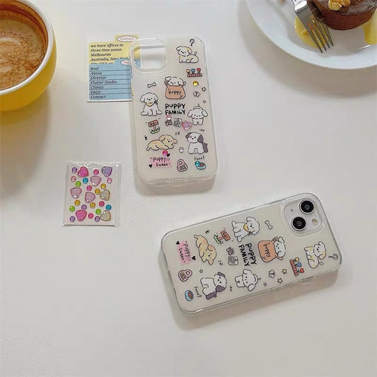 Happy Puppy Family with Gem Stone Sticker iPhone Case 11 12 13 14 Pro Promax KawaiiGiftLand