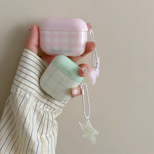 Korea Style Pastel Colour | Checkered Pattern Pink Blue Green with Keychain Heart Star Butterfly - AirPods AirPodsPro AirPods3 AirPods4 Case