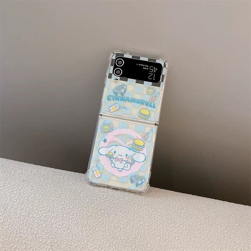 Cute Cartoon Case with Phone Stand | Checkered Yellow LittleTwinStars Blue Cinnamoroll - Phone Case Samsung Galaxy Z Flip 3 4 5 6 W24 W23