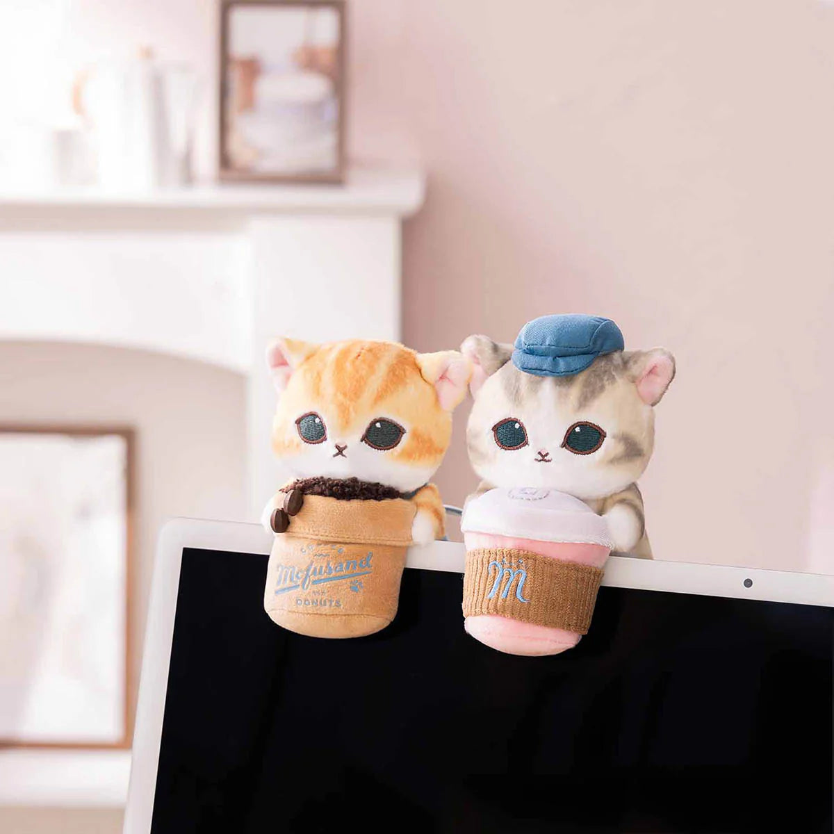 Japan Mofusand | Mofusand Cat Holding Coffee Cup and Donuts Desktop Hanging Plush Doll - Kawaii items Room Decoration Doll