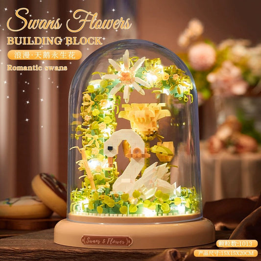 Mini Block Building with Cover | Flower Love Swan Flower - with LED Lights Valentine Gift DIY Handmade Gift KawaiiGiftLand
