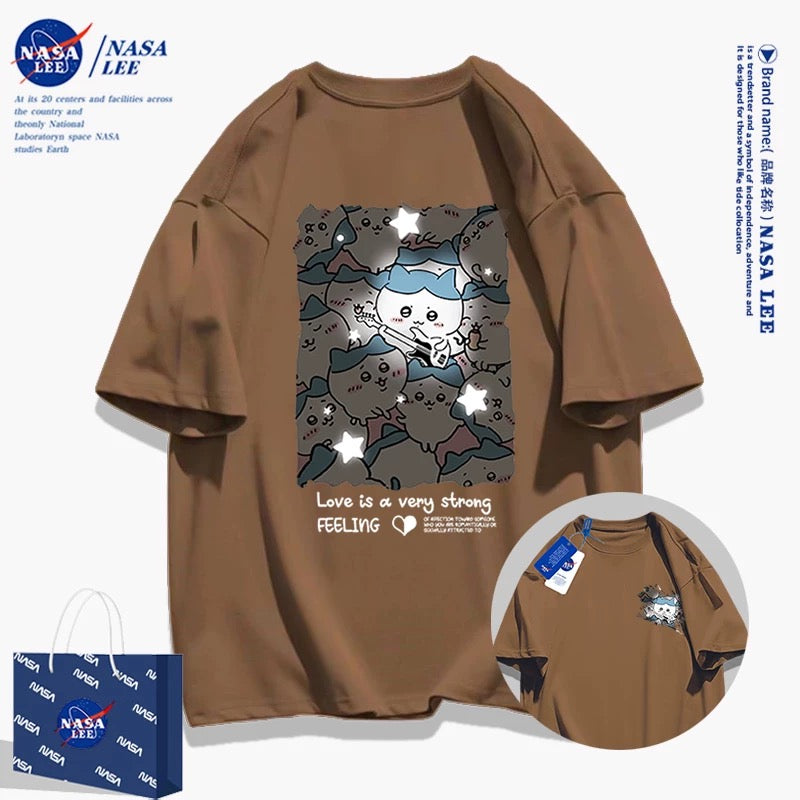 Japanese Cartoon ChiiKawa Casual Style T-Shirt Series | Hachiware with Night Stars Front & Back - Kawaii Fashion Items