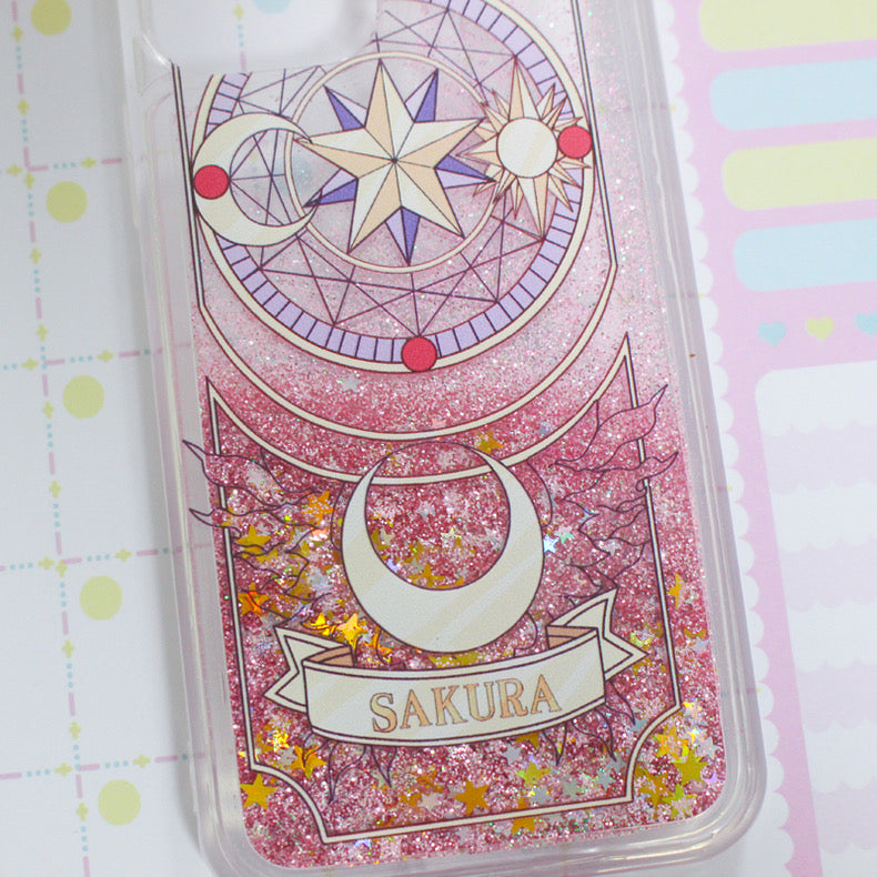 Japanese Anime CardCaptorSakura Sakura Card- Pink Heart Glitter QuickSand iPhone Case 6 7 8 PLUS SE2 XS XR X 11 12 13 14 15 16 Pro Promax 12mini 13mini KawaiiGiftLand
