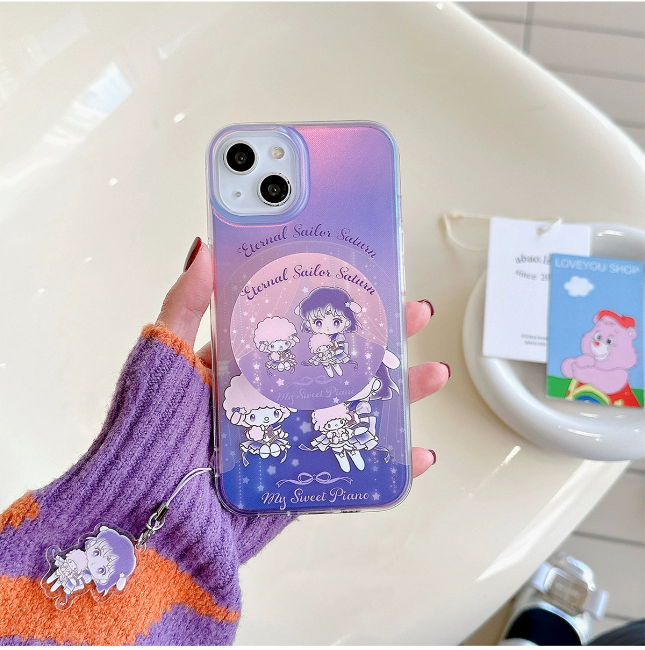 Japanese Cartoon iPhone Case with Strap | Laser Sailor Girl X My Melody Piano Marron Cream - iPhone Case Phone Case 7 8 PLUS SE2 XS XR X 11 12 13 14 15 16 Pro Promax 12mini 13mini KawaiiGiftLand