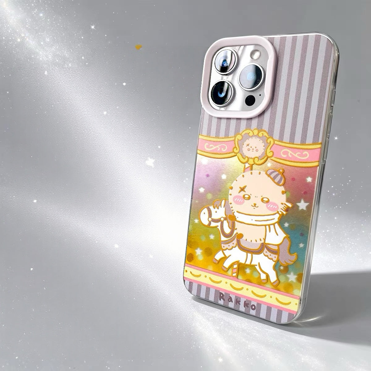 Japanese Cartoon ChiiKawa Go Round Laser Case | Merry Go Round with Momonga Kurimanju Rakko Shisa Crab - iPhone Case 11 12 13 14 15 16 16e 17 17e Pro Promax