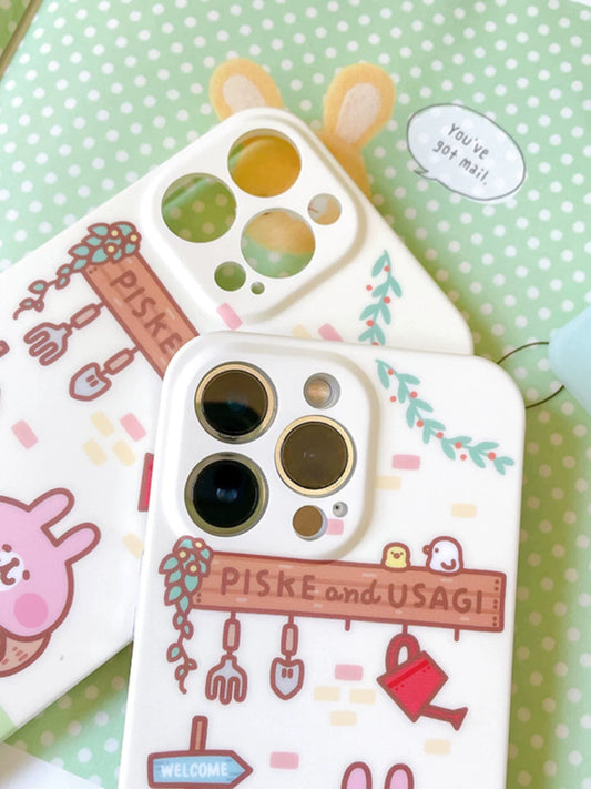 Japanese Cartoon Kanahei | In Garden House Pink Rabbit and White Chicken - iPhone Case 13 14 15 Pro Promax