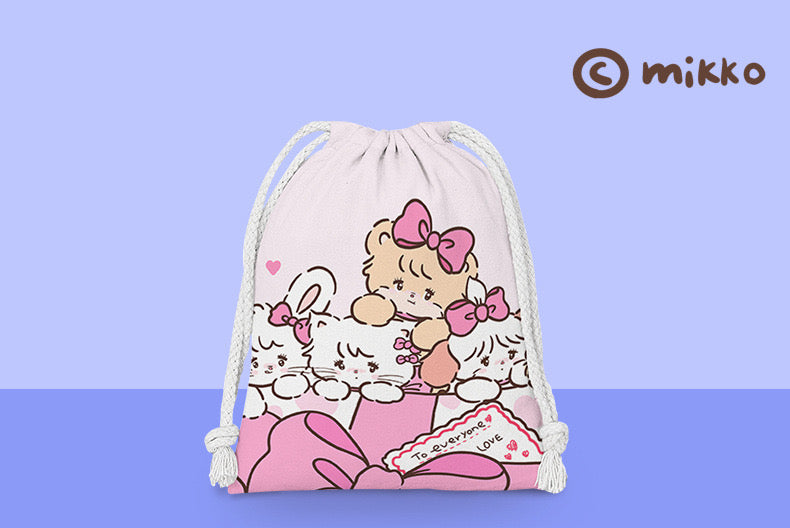 Mikko illustration Drawstring Pockets | Kawaii Bear Latte Dog Souffie Kitten Mousse Rabbit Cammy - 3 Size Tidy up Bag Kawaii Style KawaiiGiftLand