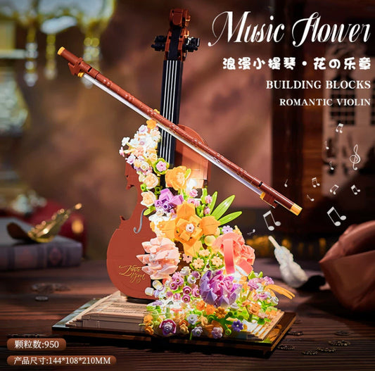 Mini Block Building Music of Flowers | Romantic Violin Piano - with LED Lights DIY Handmade Gift KawaiiGiftLand