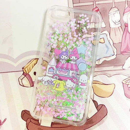 Japanese Cartoon Sanrio Characters Popcorn Shop with Balloons - Glitter QuickSand iPhone Case 6 7 8 PLUS SE2 XS XR X 11 12 13 14 15 16 Pro Promax 12mini 13mini KawaiiGiftLand