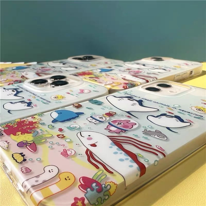 Japanese Cartoon Kanahei | Ocean with Fishes Cute Pink Rabbit and White Chicken - iPhone Case iPhone 13 14 15 16 Pro Promax KawaiiGiftLand