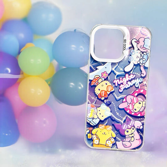 Japanese Cartoon Sanrio Summer Night Party Laser Case | Hello Kitty My Melody Kuromi Cinnamoroll Pompompurin Pochacco - iPhone Case 11 12 13 14 15 16 16e 17 17e 18 Pro Promax