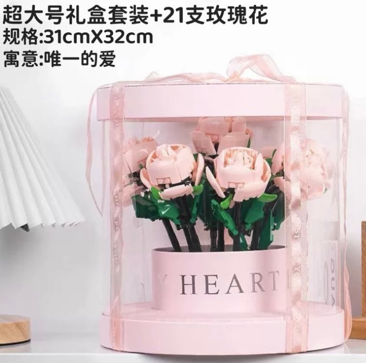 Block Building Romantic Elernal Flowers Bouquet Gift Box | Pink Red Blue White Rose - with LED Lights Valentine Wedding Gift DIY Handmade Gift KawaiiGiftLand