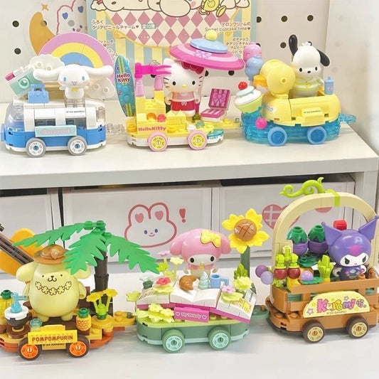 Sanrio Summer Parade of Floats | Hello Kitty My Melody Kuromi Cinnamoroll Pompompurin Pochacco - Train Car can Move Building Blocks Toy Collections