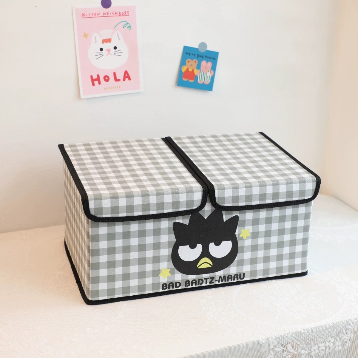 Japanese Cartoon 2 Covers Colourful Checkered Pattern Storage Box with Cover | Hello Kitty My Melody Kuromi Little Twin Stars Cinnamoroll Pompompurin Pochacco KeroKeroKeroppi Bad Badtz Maru - Bedroom Girl Gift KawaiiGiftLand