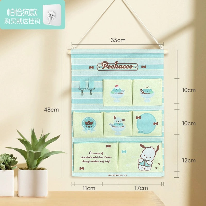 Japanese Cartoon Sanrio with Friends 2 Style Wall Hanging Storage Caddy Bag | Hello Kitty My Melody Kuromi Cinnamoroll Pochacco - 3 or 7 Pockets Bedroom Girl Gift KawaiiGiftLand