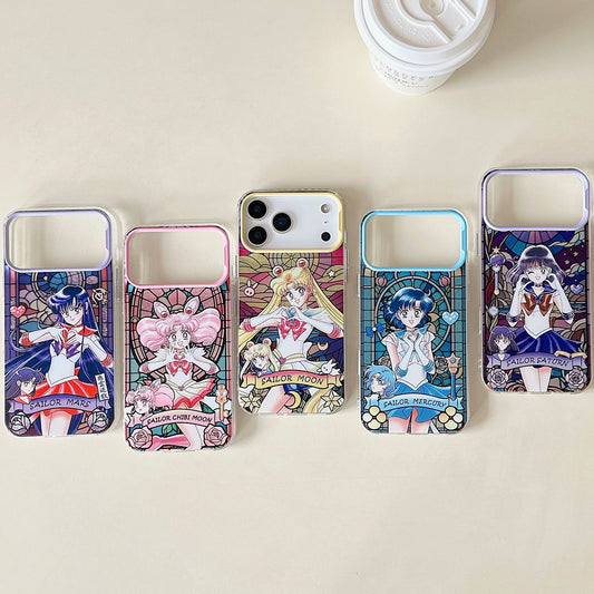 Japanese Cartoon Sailor Moon Phone Case with Strap Comic Version | Laser Glass Window Sailor Uranus Neptune Pluto Saturn Chibi Moon - Phone Case Samsung Galaxy S26 S25 S24 S23 S22 S21 FE Ultra Edge