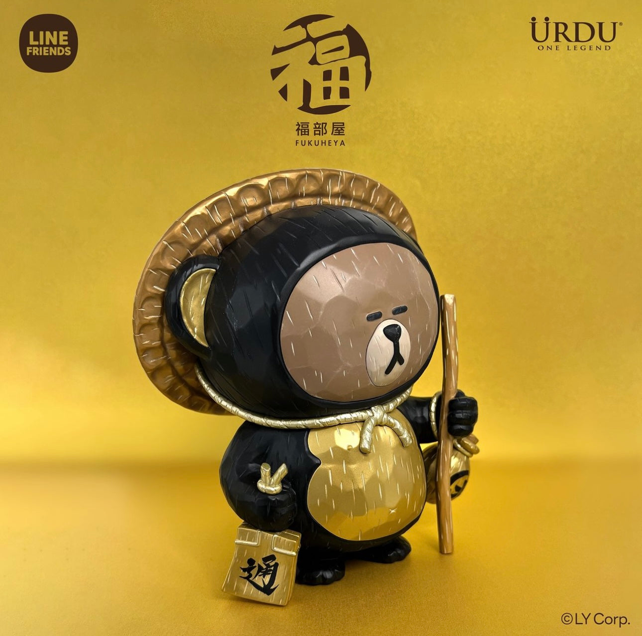Line friends meets FUKUHEYA-BROWN | Tanuki Brown Black & Gold Ver - 19cm collectible figure Limited Edition KawaiiGiftLand
