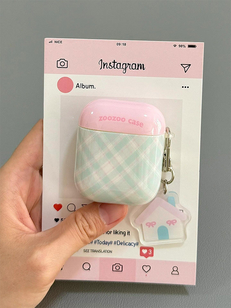 Korea Style Pastel Colour | Checkered Pattern Dottie Pink Blue Yellow with Pudding Star House Heart Keychain - AirPods AirPodsPro AirPods3 AirPods4 Case KawaiiGiftLand