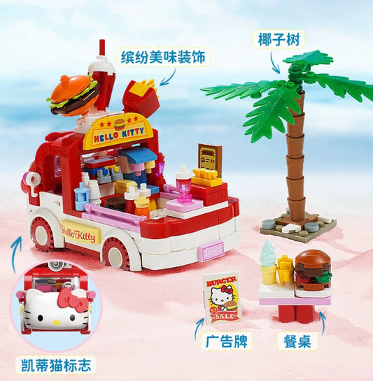 Sanrio Food Truck Series | Hello Kitty Hamburger Car with Hello Kitty Pochacco - Moveable Car Building Blocks Toy Collections