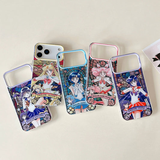 Japanese Cartoon Sailor Moon Phone Case with Strap Comic Version | Laser Glass Window Sailor Moon Mercury Mars Jupiter Venus - Phone Case Samsung Galaxy S26 S25 S24 S23 S22 S21 FE Ultra Edge - iPhone Case PLUS SE2 XS XR X 11 12 13 14 15 16 16e 17 17e Pro Promax 12mini 13mini