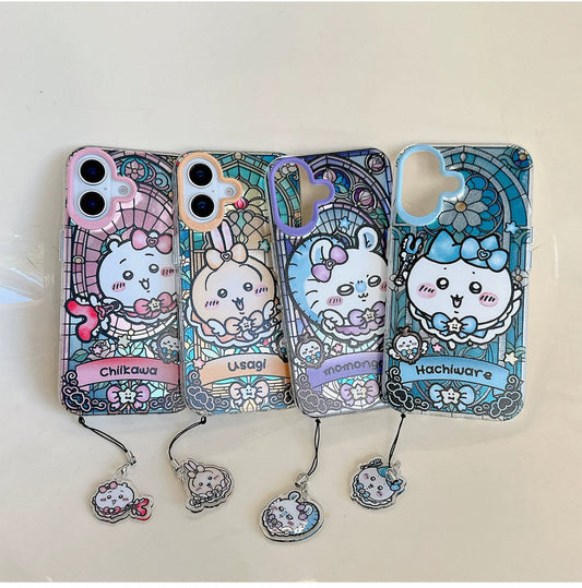 Japanese Cartoon iPhone Case with Strap | Laser Magical Girl with Glass Window Chiikawa Hachiware Usagi Momonga Magic - iPhone CasePhone Case 7 8 PLUS SE2 XS XR X 11 12 13 14 15 Pro Promax 12mini 13mini