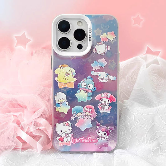 Japanese Cartoon Sanrio Pastel Starry Party Laser Case | Hello Kitty Lttle Twin Stars My Melody Kuromi Cinnamoroll Pompompurin Hangyodon AhirunoPekkle Cogimyun - Phone Case Samsung Galaxy S26 S25 S24 S23 S22 S21 FE Ultra Edge