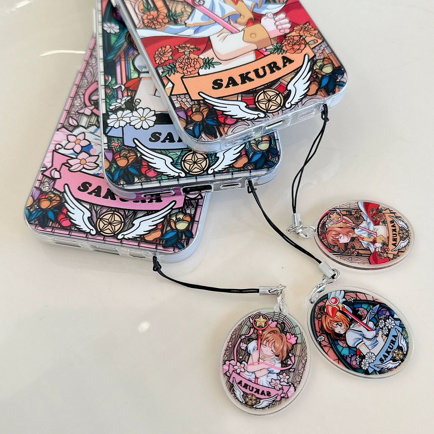 Japanese Cartoon CardCaptorSakura Glass Window Version with Strap & Stand | Pink Orange Purple - iPhone Case 6 7 8 PLUS SE2 XS XR X 11 12 13 14 15 Pro Promax 12mini 13mini KawaiiGiftLand