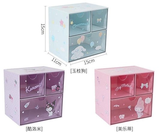 Miniso X Sanrio My Melody Kuromi Cinnamoroll Triple Box Storage Drawer - Kawaii Stationey Items Desk Helper
