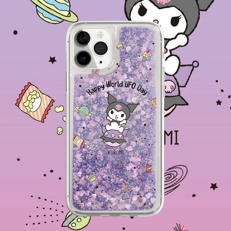 Japanese Cartoon Kuromi with UFO - Purple Glitter QuickSand iPhone Case 6 7 8 PLUS SE2 XS XR X 11 12 13 14 15 Pro Promax 12mini 13mini