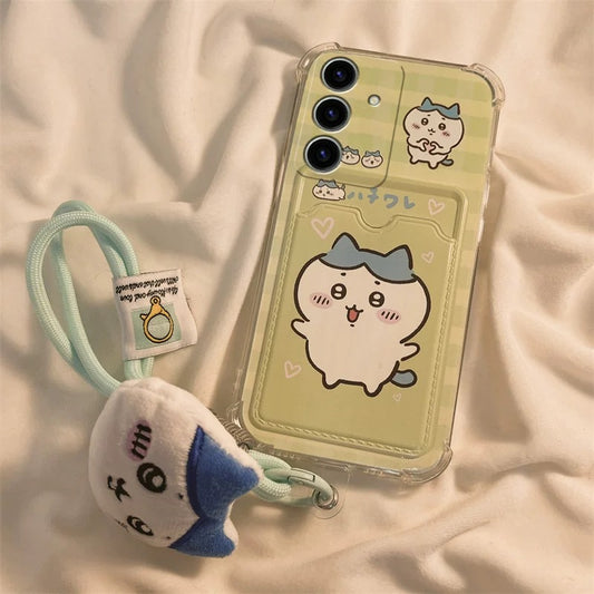 Japanese Cartoon Chiikawa | ChiiKawa Hachiware Usagi with Card Holder & Handle Strap - Phone Case Samsung Galaxy S25 S24 S23 S22 S21 FE Ultra Edge