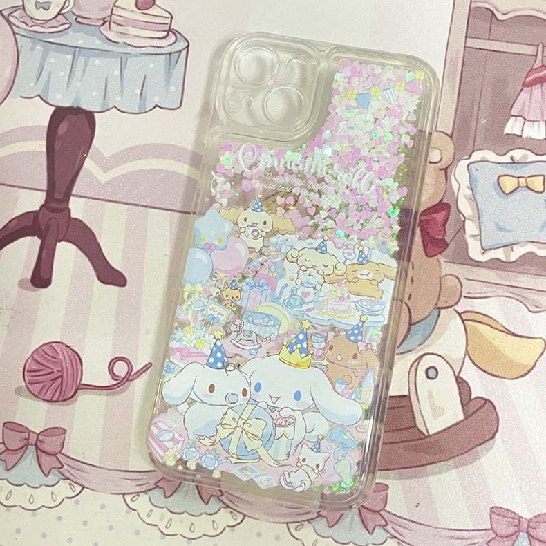 Japanese Cartoon Cinnamoroll Tea Party - Silver Pink Heart Glitter QuickSand iPhone Case 6 7 8 PLUS SE2 XS XR X 11 12 13 14 15 16 Pro Promax 12mini 13mini KawaiiGiftLand